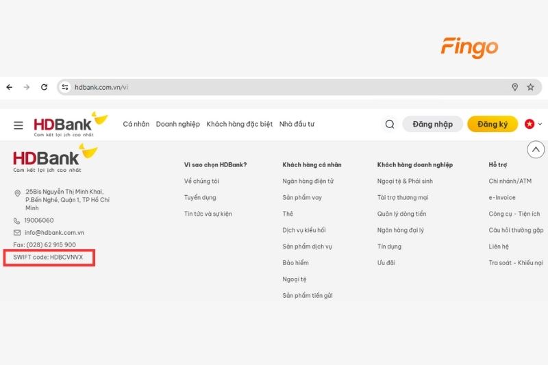 Lướt xuống cuối trang web, thông thường thông tin về mã Swift Code của ngân hàng sẽ được hiển thị ở đây