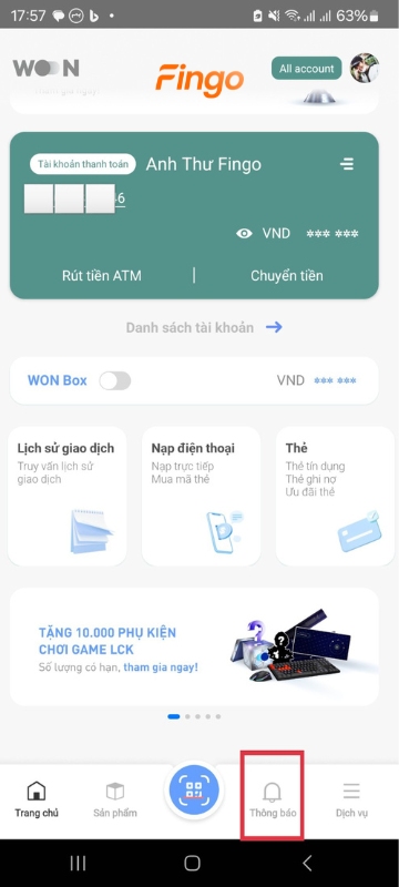 Nhấn vào "Thông báo