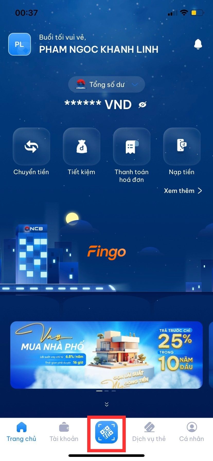 Đăng nhập vào ứng dụng NCB iziMobile. Chọn biểu tượng như hình.