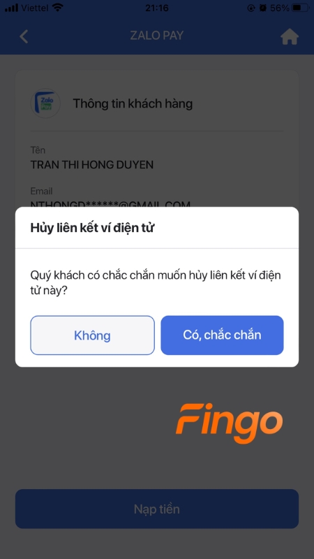 Nhấn "Có, chắc chắn" để xác nhận bạn muốn hủy liên kết