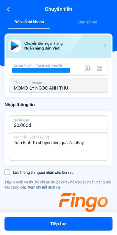 Quét mã QR bằng app ZaloPay sẽ chuyển đến giao dịch chuyển khoản