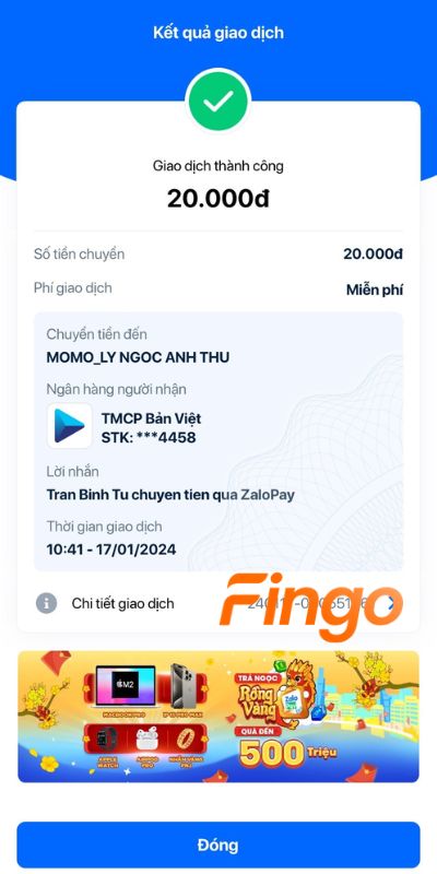 Bill chuyển tiền từ ZaloPay sang MoMo thành công