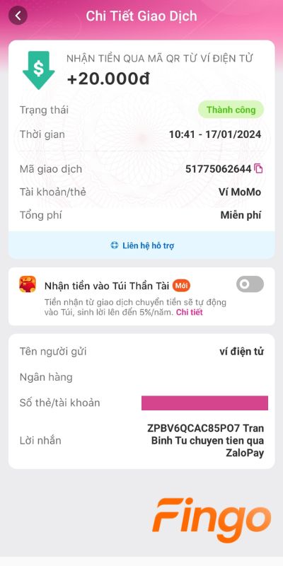 Tiền đã được cộng vào tài khoản ví điện tử MoMo