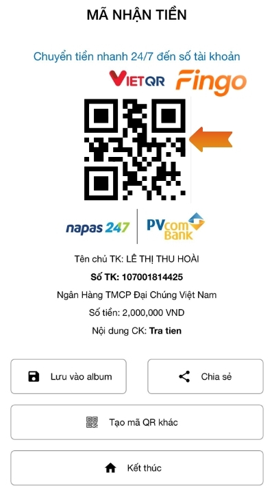 Mã QR hiển thị sau khi nhập thông tin