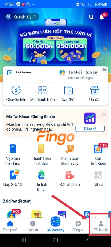 Chọn mục "Tài khoản" ở góc phải màn hình.