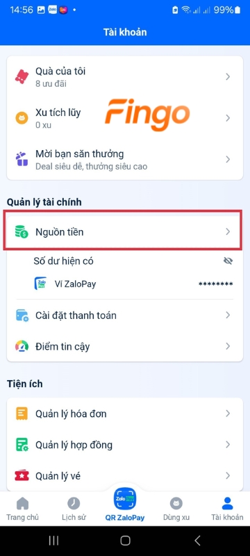  Tại khung "Quản lý tài chính" > chọn "Nguồn tiền". 