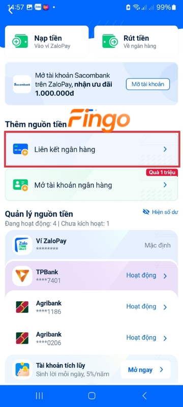 Ở phần "Thêm nguồn tiền" > nhấp vào "Liên kết ngân hàng".