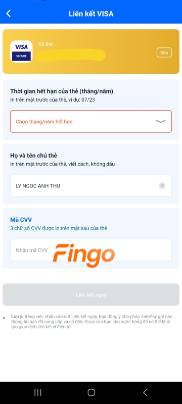 Điền thông tin theo yêu cầu (tháng/năm thẻ hết hạn, mã CVV) > Chọn "Liên kết ngay" 