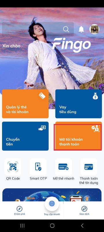  Đăng nhập ứng dụng Sacombank Pay > "Mở tài khoản thanh toán".