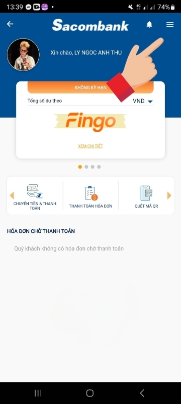 Đăng nhập ứng dụng Sacombank mBanking  > Chọn 三 