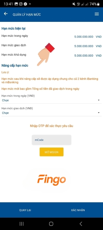 Tại mục "Nâng cấp hạn mức" > Lựa chọn hạn mức chuyển khoản mong muốn.