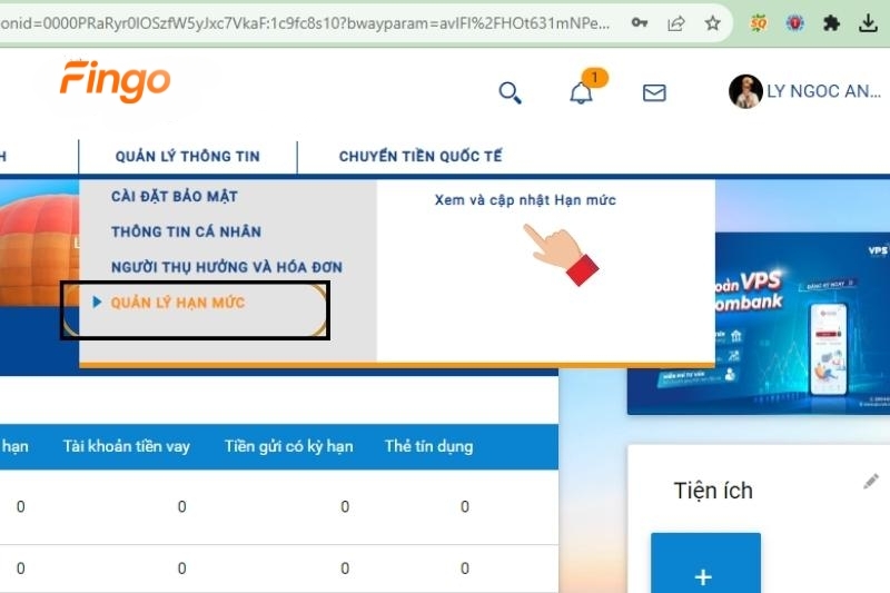 Ở mục "Quản lý thông tin" > Chọn "Quản lý hạn mức" > "Xem và cập nhật hạn mức".