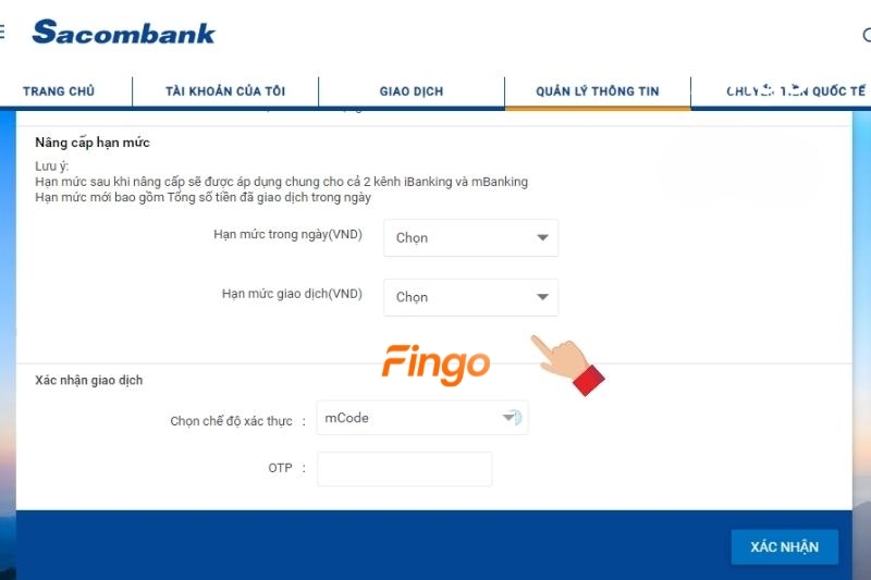 Tại mục "Nâng cấp hạn mức" > Lựa chọn hạn mức chuyển khoản mong muốn.