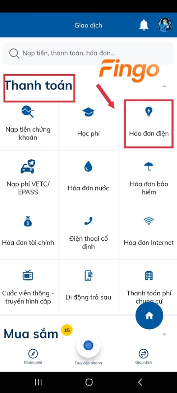 Chọn vào mục "Thanh toán" và chọn vào "Hóa đơn điện".