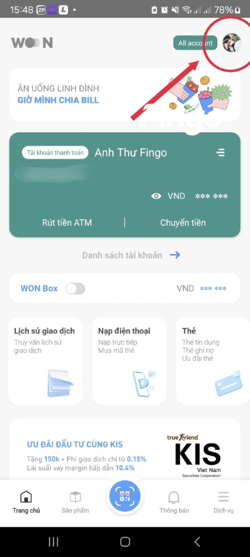 Chạm vào biểu tượng ảnh đại diện