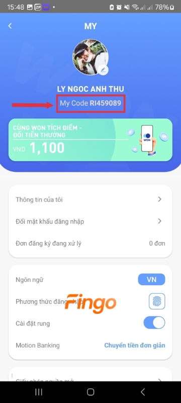 Thông tin của bạn sẽ hiển thị, bao gồm tên và mã Code