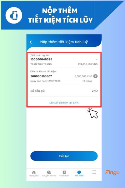 Chọn Tài khoản tiết kiệm mà bạn muốn thực hiện giao dịch nộp thêm tiết kiệm tích lũy NCB.