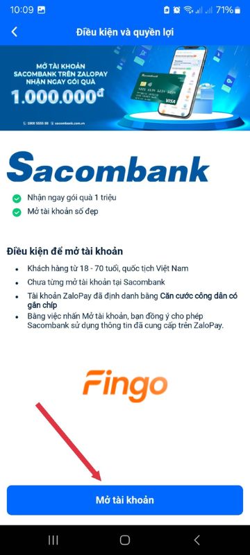 Nhấn "Mở tài khoản ngân hàng".