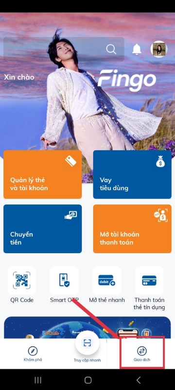 Chọn mục "Giao dịch" ở góc phải giao diện