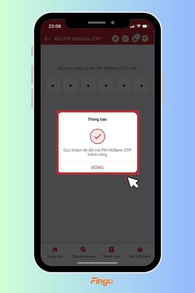 Ứng dụng thông báo "Bạn đã đổi mã PIN HDBank OTP thành công"