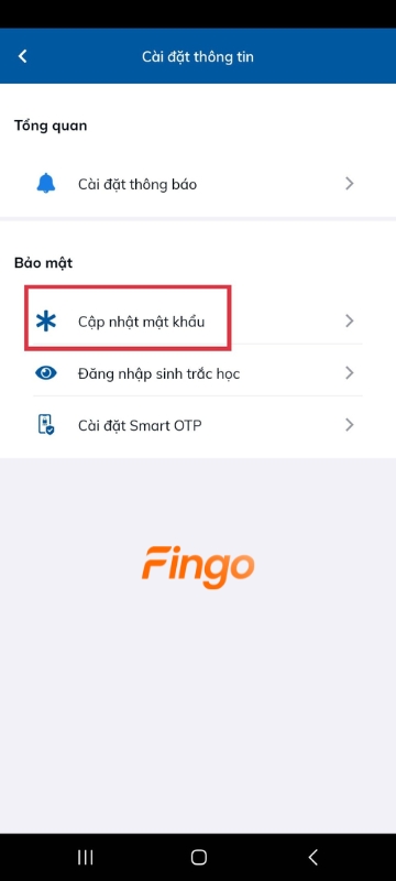 Tại mục "Bảo mật" tiếp tục chọn "Cập nhật mật khẩu"