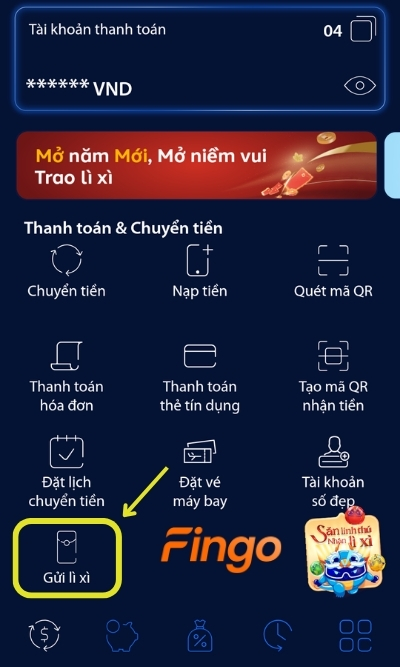 Đăng nhập ứng dụng digmi. Tại màn hình chính, chọn Gửi lì xì online