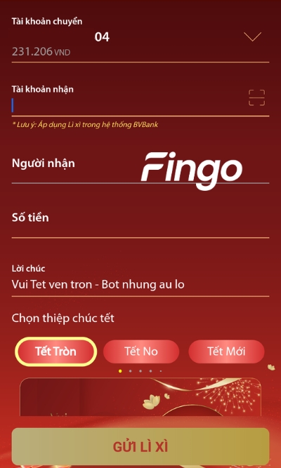 Tại màn hình, khách hàng nhập đầy đủ các thông tin về người nhận, số tiền nhận, lời chúc và lựa chọn tài khoản nguồn để thực hiện cách lì xì qua BVBank. Sau đó chọn Gửi lì xì