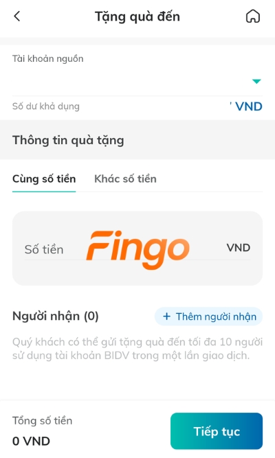 Chọn tài khoản người gửi, người nhận; Nhập số tiền gửi tặng. 