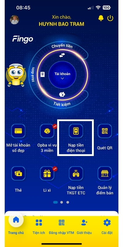 Cách nạp tiền điện thoại qua Nam A Bank bước 1