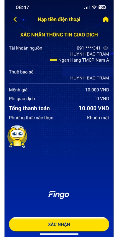 Cách nạp tiền điện thoại qua Nam A Bank bước 3
