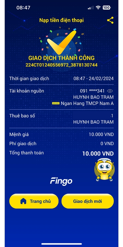 Cách nạp tiền điện thoại qua Nam A Bank bước 4