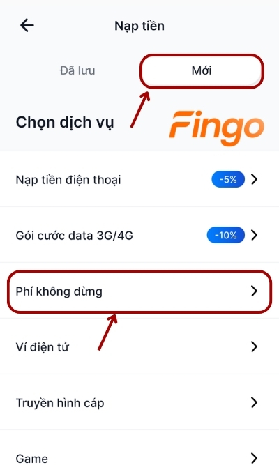 Chọn mục Mới. Màn hình lúc này sẽ hiển thị các dịch vụ mà ngân hàng VIB hỗ trợ nạp tiền, khách hàng chọn Phí không dừng