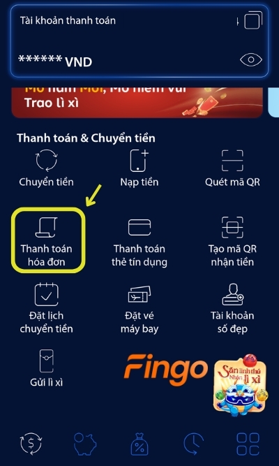 Đăng nhập ứng dụng. Tại màn hình chính, khách hàng chọn Thanh toán hóa đơn