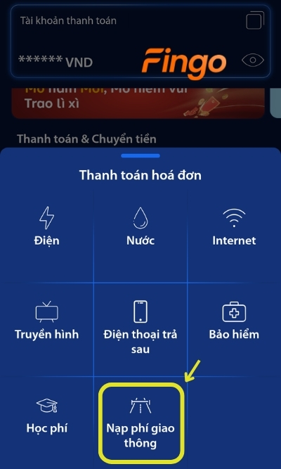 Tại đây, khách hàng chọn Nạp phí giao thông