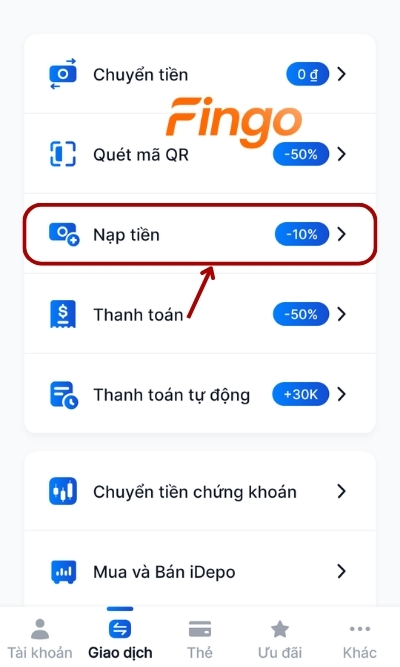 Đăng nhập ứng dụng ngân hàng MyVIB. Tại thanh menu, chọn mục Giao dịch. Tiếp đó, chọn mục Nạp tiền