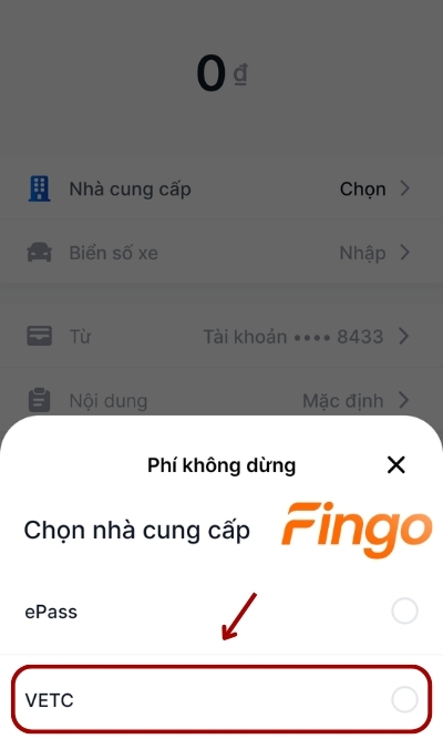 Chọn nhà cung cấp, tại đây khách hàng chọn VETC. Sau đó chọn Tiếp tục