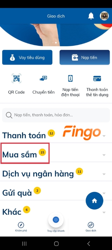 Tiếp đến, chọn mục "Mua sắm.