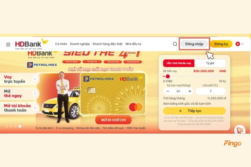 Truy cập vào trang Internet Banking HDBank và nhấn "Đăng nhập"