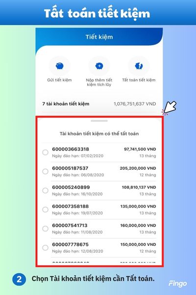 Chọn tài khoản mà bạn muốn tất toán tiết kiệm NCB online.