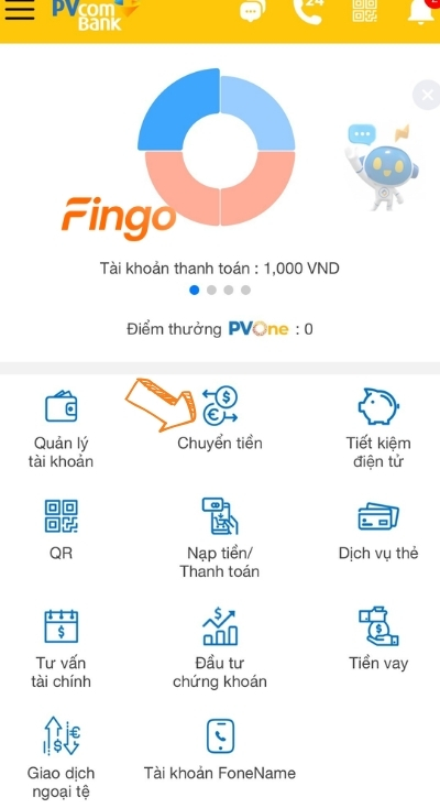 Nhấn chọn mục Chuyển tiền