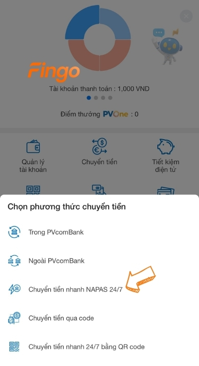 Chọn mục chuyển tiền nhanh Napas 24/7