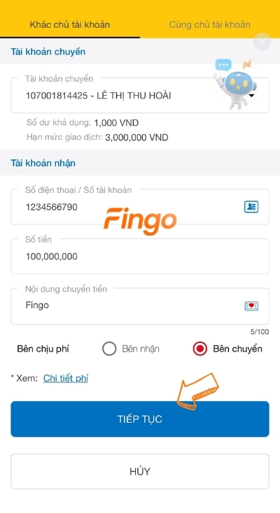 Nhập thông tin thụ hưởng và nhấn tiếp tục