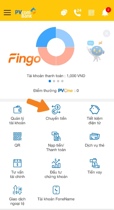 Nhấn chọn mục Chuyển tiền