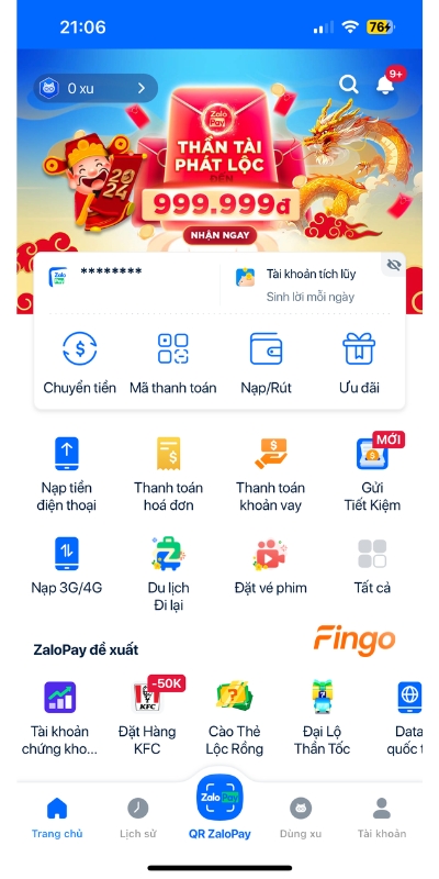 Chuyển tiền từ Vietcombank sang ZaloPay bằng ZaloPay bước 1