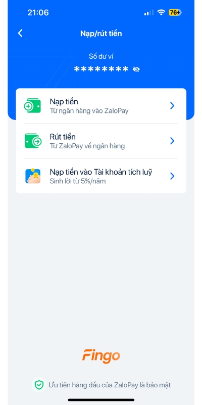 Chuyển tiền từ Vietcombank sang ZaloPay bằng ZaloPay bước 2