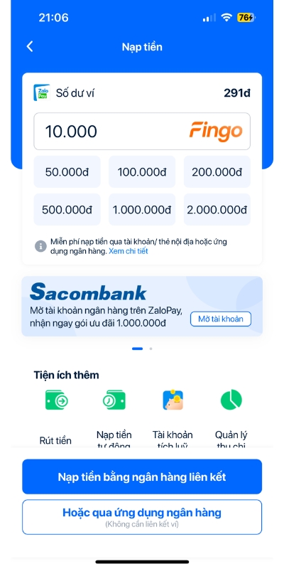 Chuyển tiền từ Vietcombank sang ZaloPay bằng ZaloPay bước 3