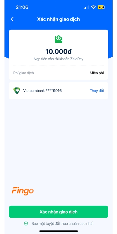 Chuyển tiền từ Vietcombank sang ZaloPay bằng ZaloPay bước 4