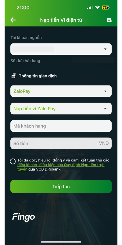 Chuyển tiền từ Vietcombank sang ZaloPay bằng VCB Digibank bước 2
