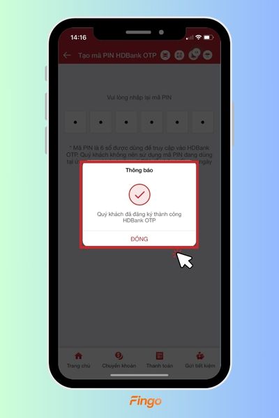 Ứng dụng thông báo đăng ký HDBank OTP thành công