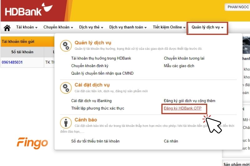 Chọn "Đăng ký HDBank OTP"